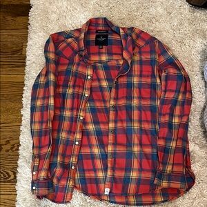 American Eagle Outfitters Red and Blue Casual Button Down Shirt